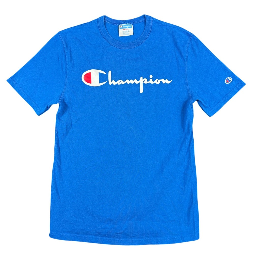 Vintage Champion Blue Bar Script Spellout Logo Graphic Tee Royal Blue Small